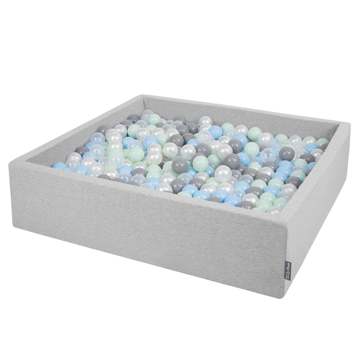 KiddyMoon Piscina De Bolas 120X30cm/200 Bolas El Cuadrado Grande para Ninos,Hecha En La UE, Gris Claro:Perla/Gris/Transparente/Azulclr/Menta OEKO-TEX STANDARD 100