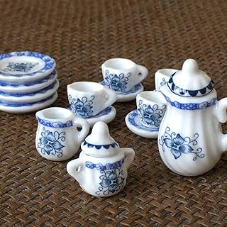 Dollhouse Kitchen Miniature, 15 PCs Miniature Tea Sets Porcelain Dollhouse Kitchen Accessories Blue and White Porcelain