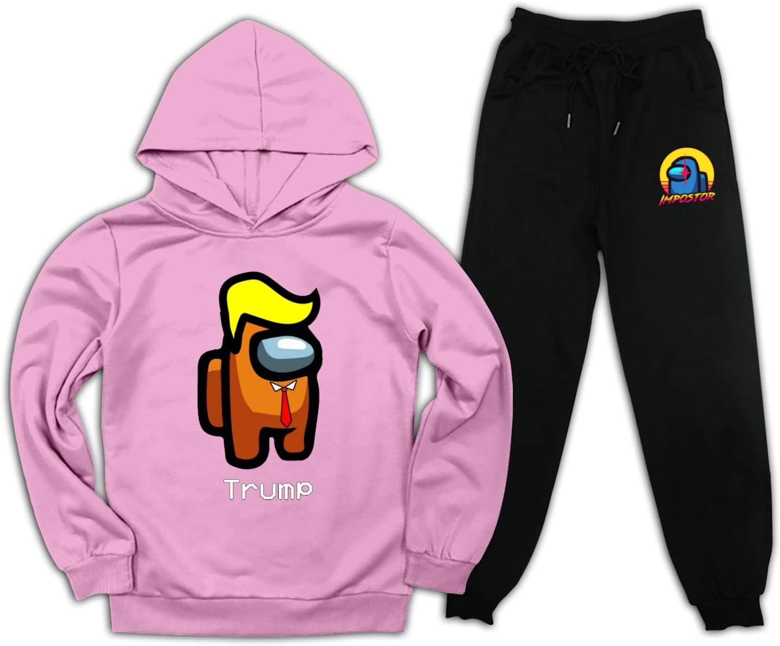 Trump Impostor Among Us Hooded Tracksuit Sweatshirt and Sweatpants Hoodie Outfit Set for Kids