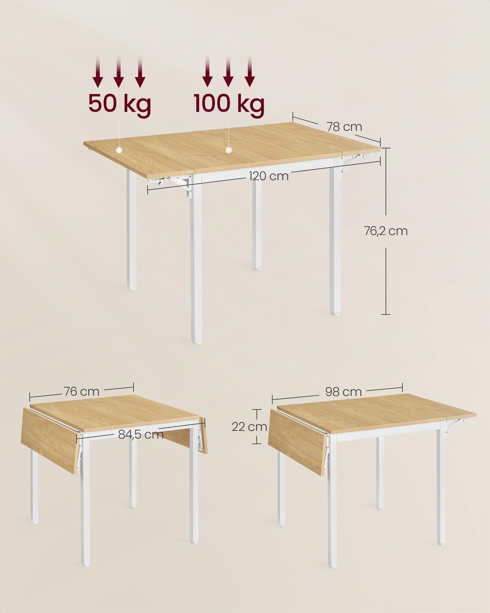 VASAGLE Table de Salle à Manger Pliable, Table de Cuisine Extensible, Bureau, pour 2 à 4 Personnes, Rectangulaire, avec Abattants, pour Petits Espaces, Couleur Chêne Naturel et Blanc Nuage KDT077Y01