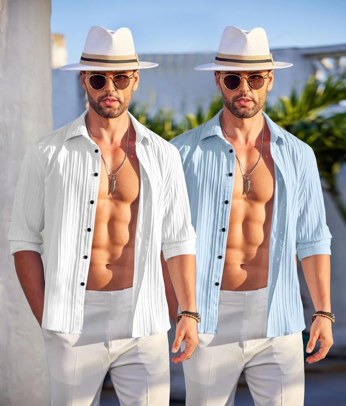 Image of FINIVO FASHION Men's Cotton Blend Shirt Set Lightweight, Full Sleeves, Plain Texture, Button Closure, Summer Ready (Pack of 2)