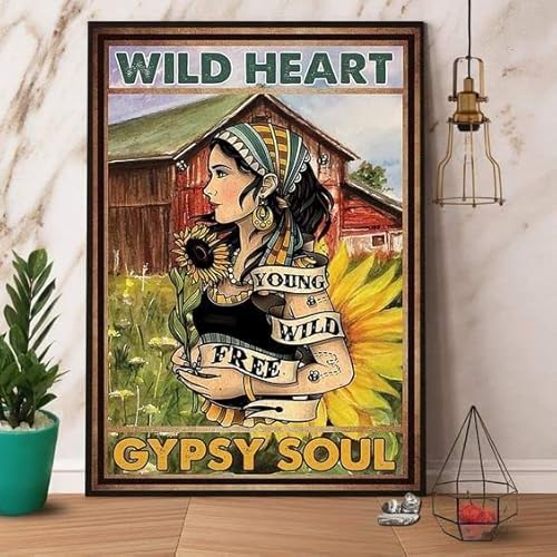 Hippie Wild Heart Gypsy Soul Tin Sign Wall Poster Decor Funny Retro Bar Coffee Pub Gift Wall Decor Sign 8x12 Inch