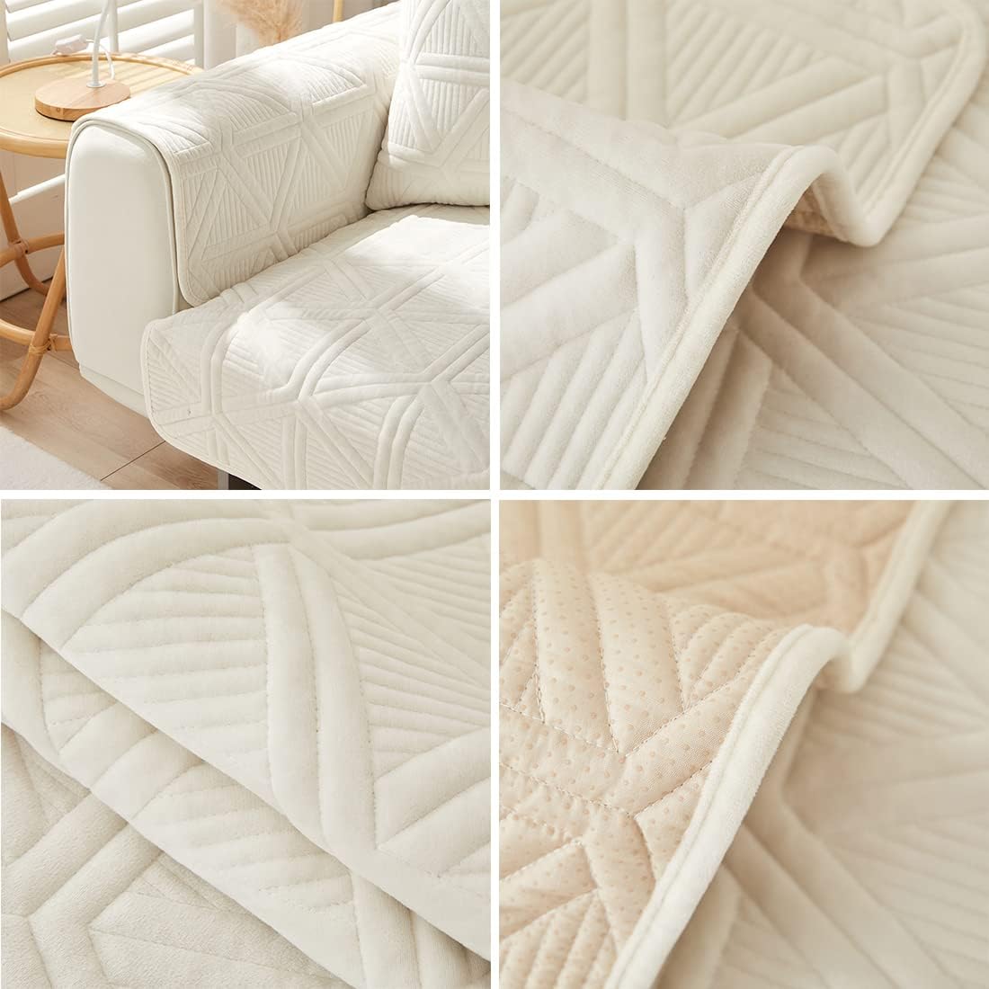 vctops Velvet Plush Thick Sofa Couch Cover Geometric Quilted Sectional Couch Covers Warm Soft Non Slip Sofa Slipcover Furniture Protector for Pets Kids Children Dog Cat (Cream A,36"x36")