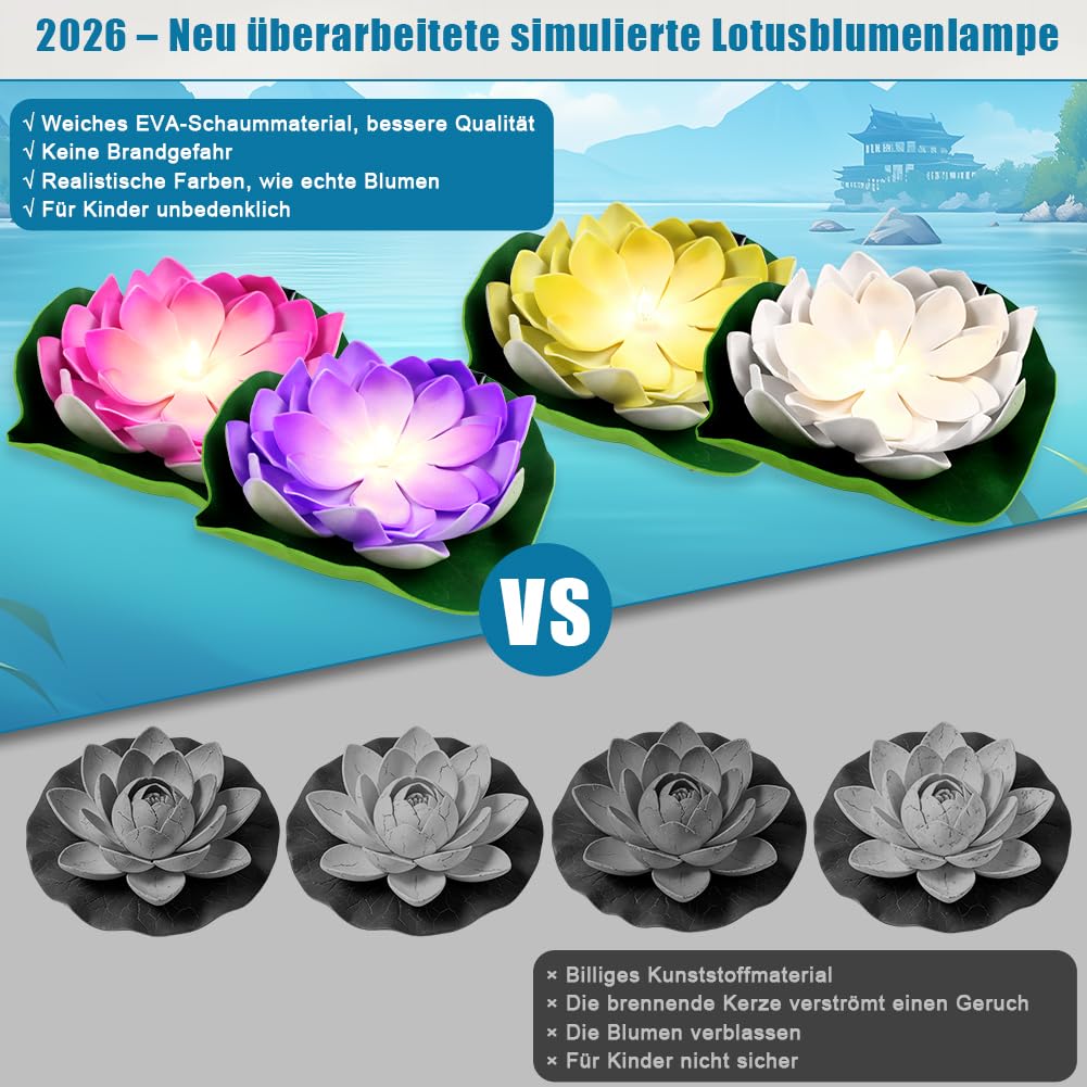 Aohcae 4 Stück Schwimmende Lotuslichter, Wasserdichte Solar Lotusblüte, Seerosen Künstlich Solar für Garten Hof, Schwimmbad, Brunnen und Aquarien