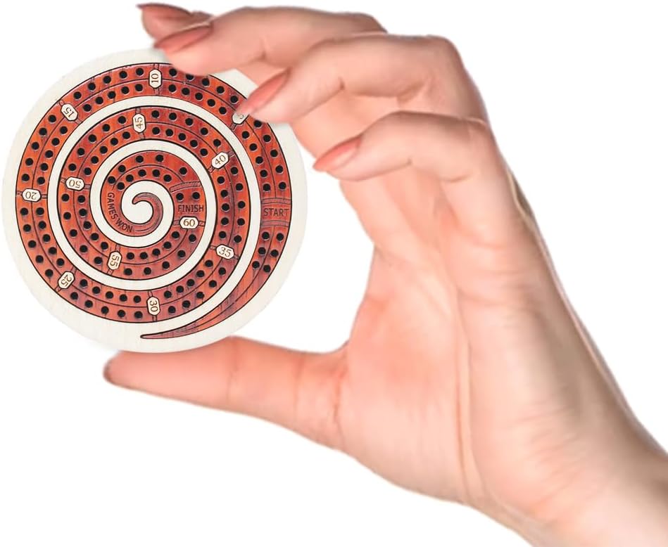 House of Cribbage - 2 Track 60 Points - Spiral Shape Pocket Size Wooden Travel Cribbage Board - Size 4 Inch (Maple Wood/Bloodwood)