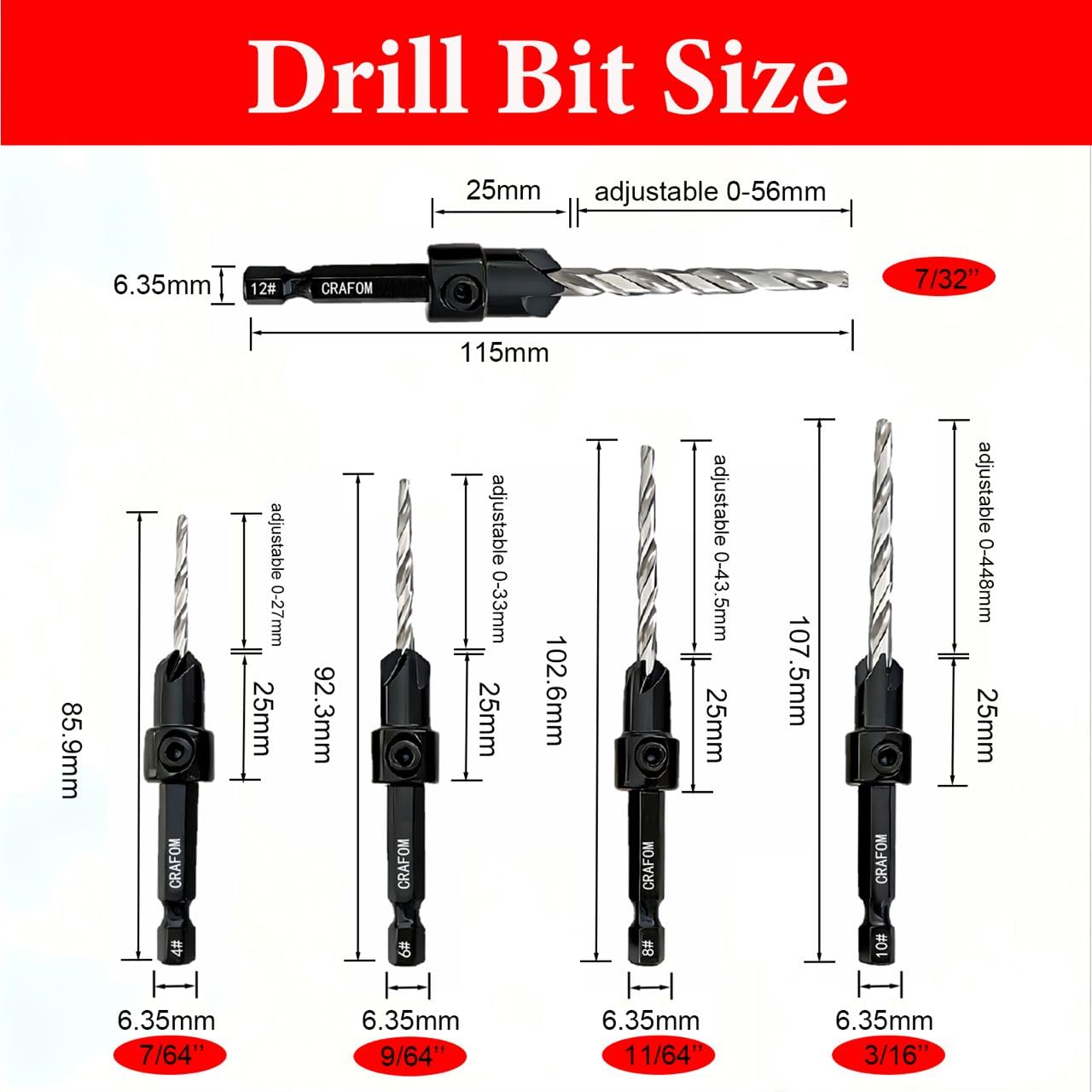 Countersink Drill Bit Set, 5 PCs Counter Sink Drill Bit Adjustable, #4, #6, #8, #10, #12, M2 High Speed Steel,1/4” Hex Shank, 5 PCs Depth Stop,1 PC Hex Key, Storage Box, Ideal for Woodworking