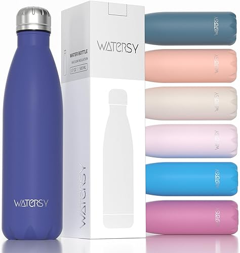 WATERSY Botellas de agua de acero inoxidable, botellas de agua aisladas de 17 onzas 16.9 fl oz, botella de agua de metal azul profundo que mantiene