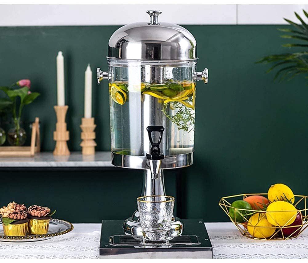 Distributore di succo d'acqua con rubinetto, caldo/freddo, 8 l, dispenser per bevande in vetro con rubinetto in acciaio inox e supporto, per qualsiasi festa e matrimonio