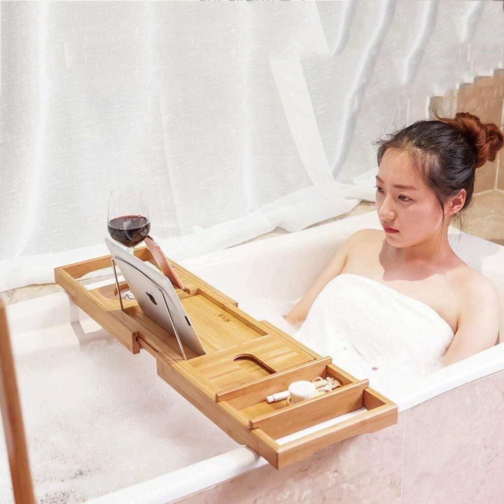 Bandeja de baño Estante de bañera Estante de baño telescópico Estante Multifuncional de baño con Soporte para Tableta Bandeja para teléfono Celular y Soporte para Copa de Vino