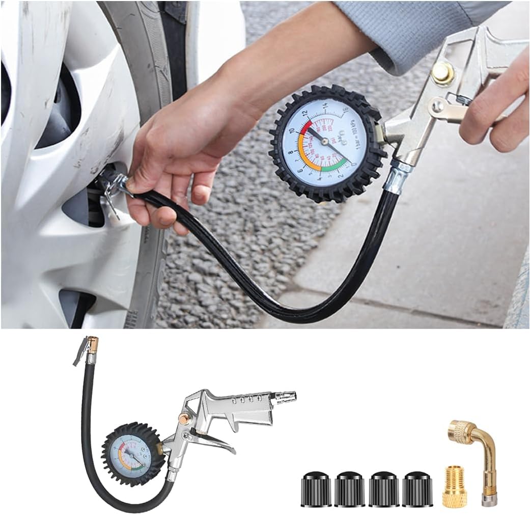 CGEAMDY Air Pressure Gauge, Tyre Inflator Gauge Multifunction Air Pressure with Valve Core Tool, 220 Psi Tyre Inflator with Pressure Gauge, Air Compressor Accessories for Truck Car Motorcycle Bicycle