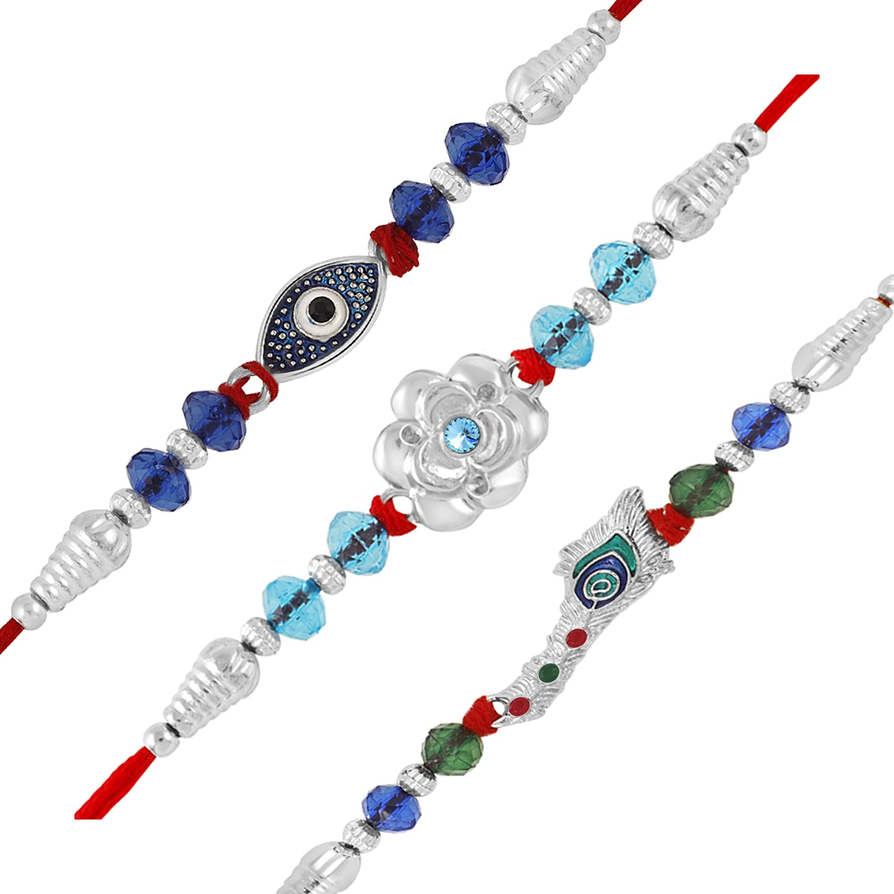 Okos Rhodium Plated Rakshabandhan Gifts Combo Set Of 3 Evil Eye, Floral Shape And Feather Alloy Rakhi Bracelet Embellished With Multi Color Crystal Stones For Dearest Bhai/Bhaiya/Brother CO1000405 (B098BN7NZD) Amazon Price History, Amazon Price Tracker