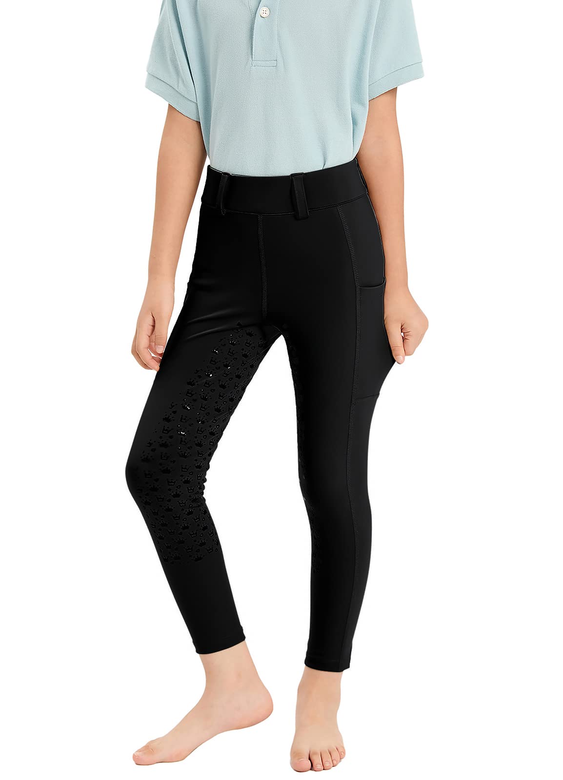Leggings de equitación para niña con ribete completo de silicona, elásticos, para niños y niñas, con trabillas para cinturón, bolsillo lateral