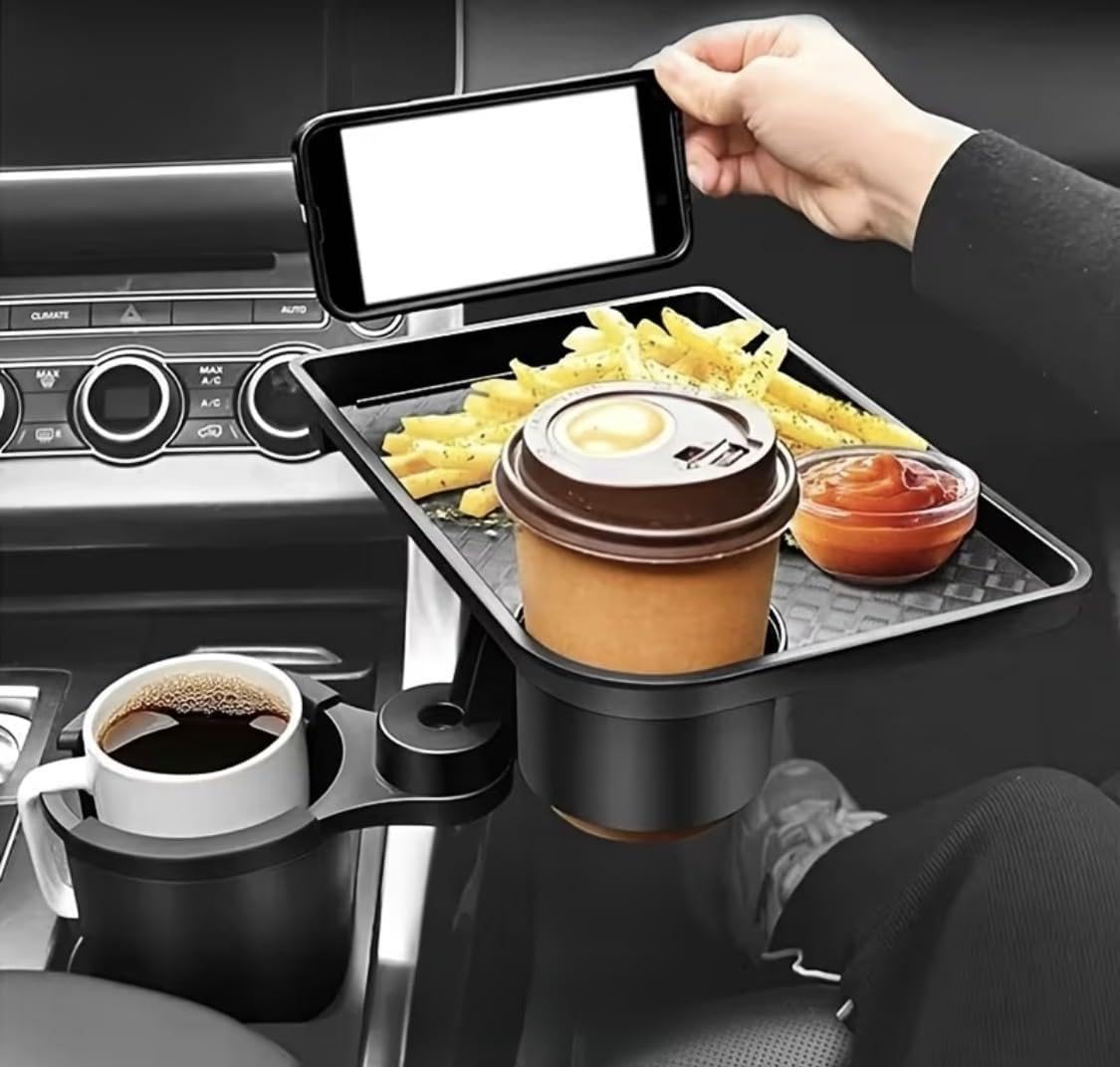 Car Cup Holder with Rotating Tray, Black, Adjustable Drink Holder with Phone Stand and Food Tray, 10.2 x 8.1 Inches
