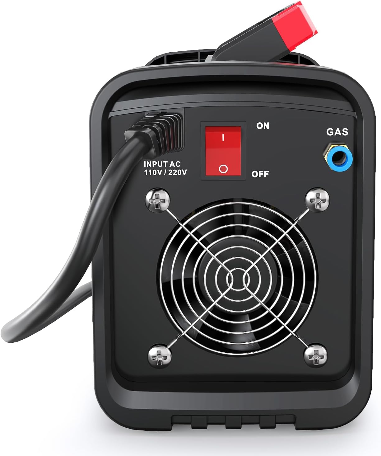 Rear panel of STAHLWERK TIG 200P Welder showing power input, ON/OFF switch, and gas inlet.