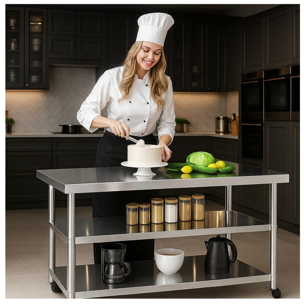 Stainless Steel Table with Wheels for Food Preparation and Work, Multi-Size Optional, Three-Layer Variable Two-Layer Metal Commercial Workbench Outdoor, Restaurant, Kitchen (51" Lx32 Wx34 H)