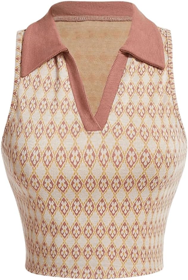 Verdusa Women's Casual Floral Print Collar V Neck Sleeveless Crop Tank Top Brown Medium