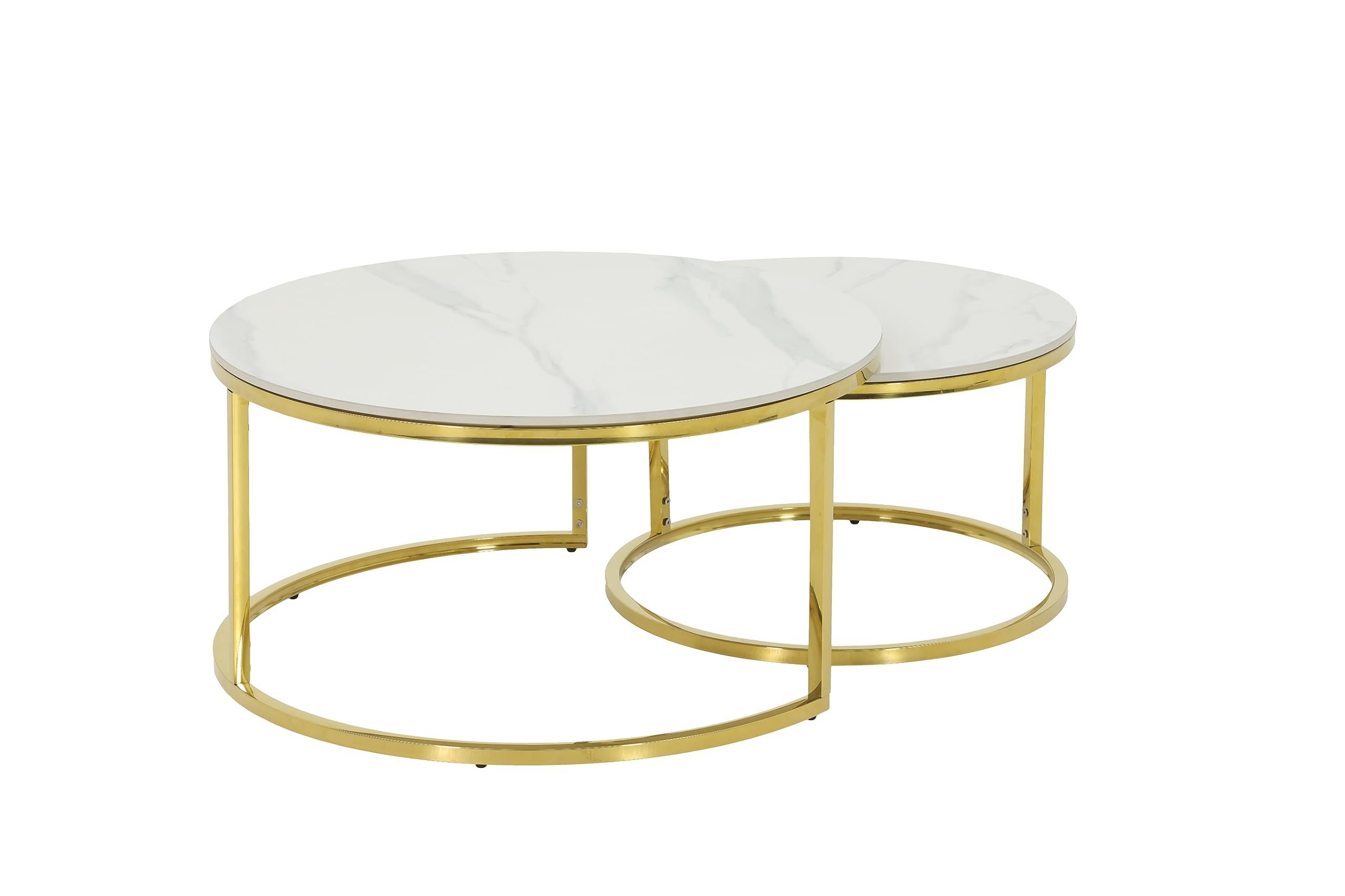 Hela Tische, 2er Set Couchtisch Wohnzimmertisch Joel, Rund, Sofatisch, Echtstein in Marmoroptik Glanz Weiß, Metallgestell Gold, Ø 80+Ø 60cm