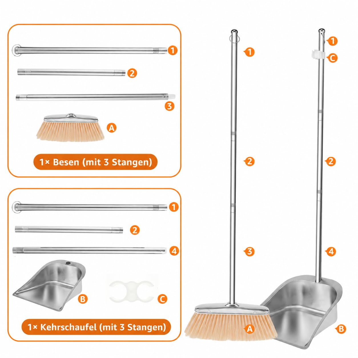 Besen und Kehrschaufel Set mit Langem Stiel 118cm Edelstahl Kehrmaschine und Kehrschaufel Außenbereich Aufrechter Schaufel und Besen Set für die Reinigung zu Hause Büro Veranda Terrasse (Quadrat)