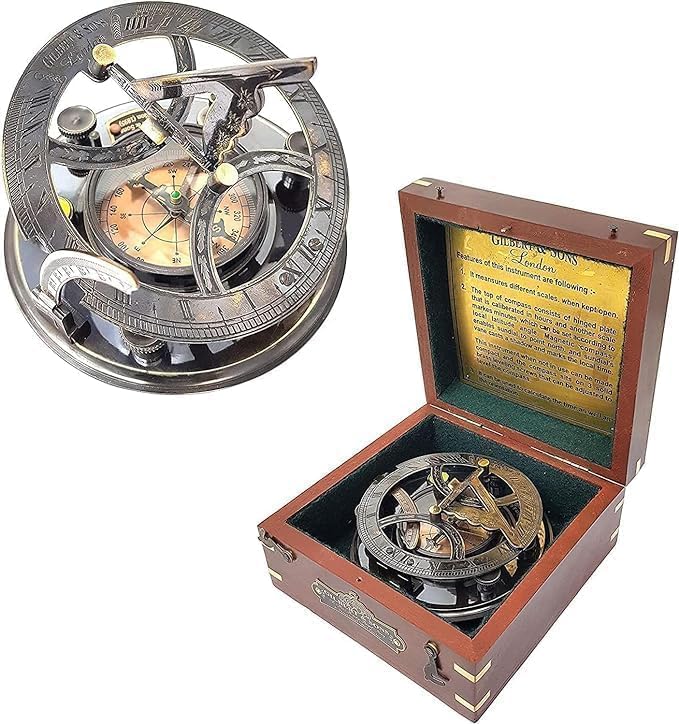 Vintage 5-Inch Sundial Clock Brass Compass - Antique Nautical Gift in Copper with Elegant Wooden Box
