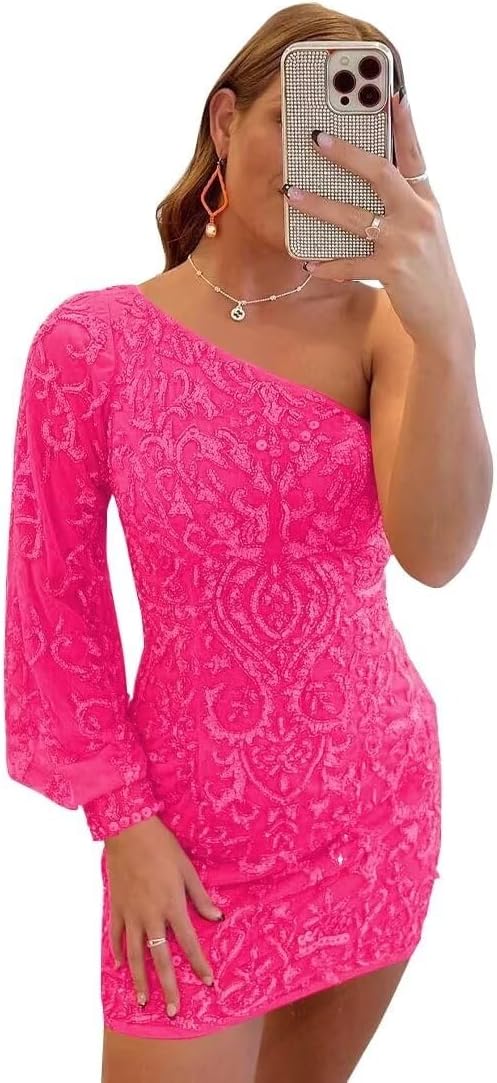 Eightale Sequin One Shoulder Homecoming Dresses Sparkly Long Puffy Sleeve Mini Cocktail Party Dress