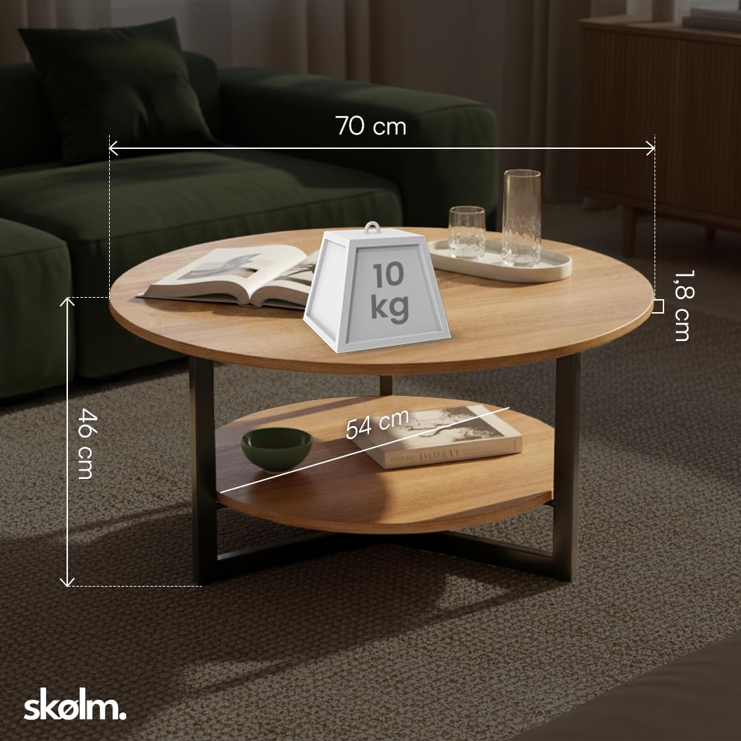 skølm Drakkar Couchtisch rund Ø70 cm – Wohnzimmertisch aus Massivholz Eiche & Metallgestell – Sofatisch mit 2 Ablagen – Kleiner Beistelltisch geölt – Holztisch Wohnzimmer mit Stauraum – Coffee Table
