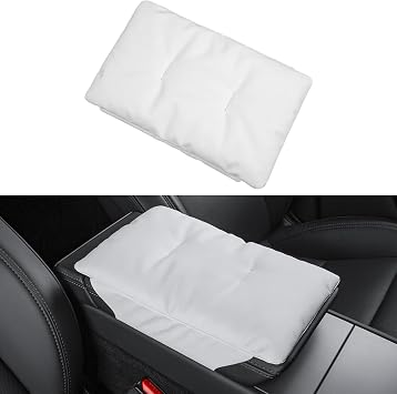 New 2025-2026 Model Y Juniper Armrest Cover 2024-2026 Model 3 Highland PU Leather Center Consolet Armrest Box Cover Cushion for All Tesla Model 3 and Model Y AccessoriesWhite