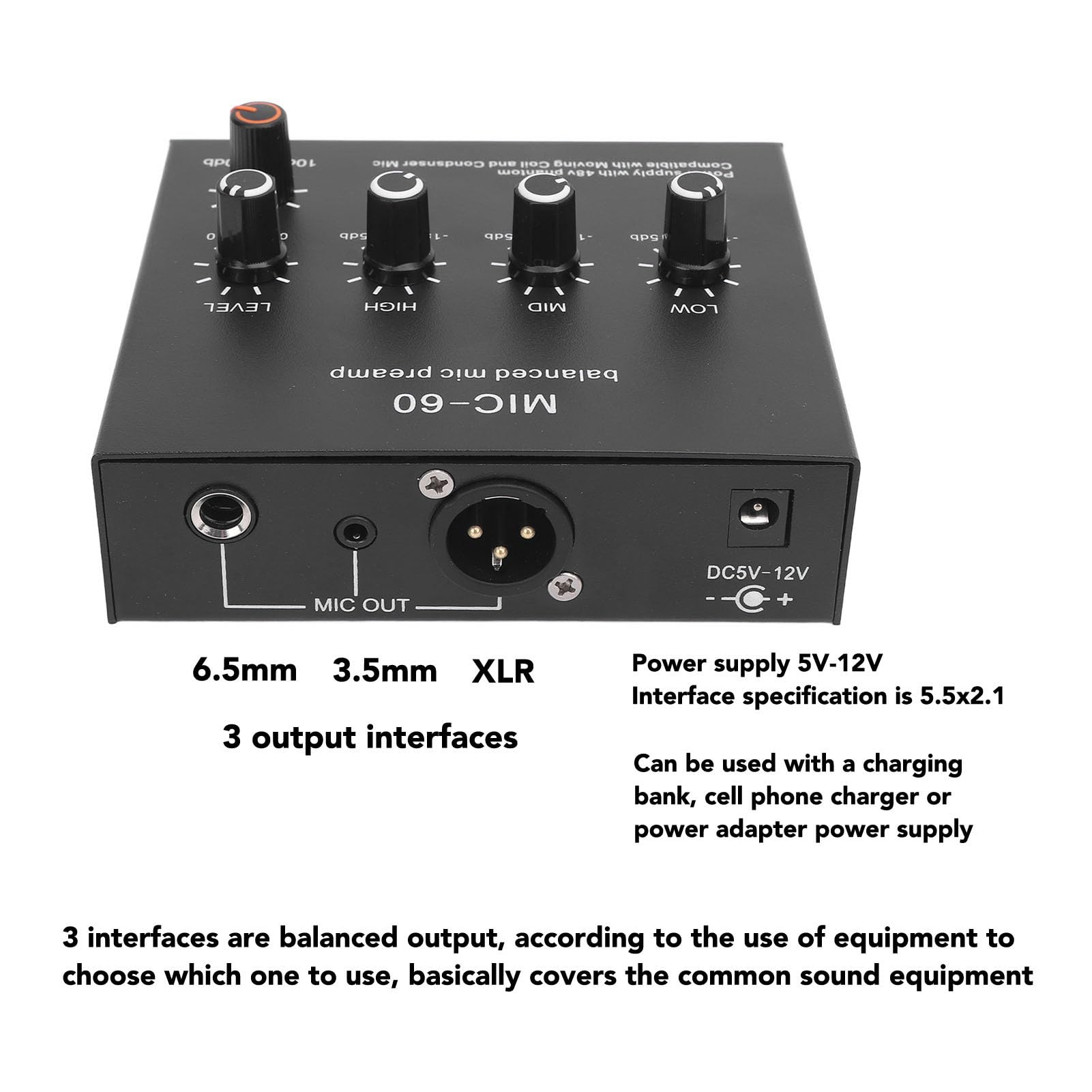 Préampli Micro, 60 DB Gain élevé, 48V Power, 3,5mm/6,35mm/XLR Sortie, Préamplificateur de Microphone, Préampli Microphone pour Micro à Condenseur et Dynamique (Prise UE)