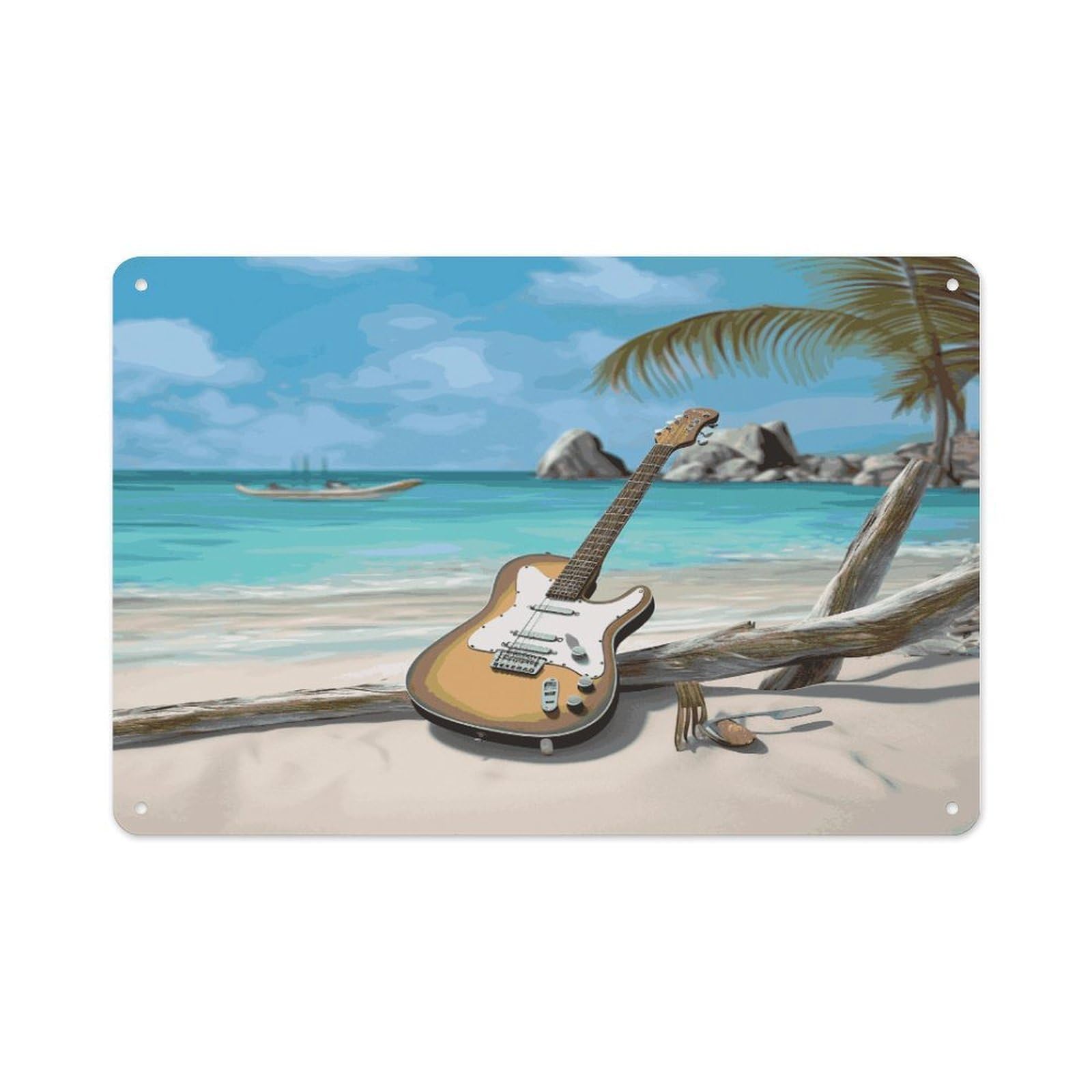 Btcowzrv Style Guitar On The Beach Metal Sign 7.9 X 11.8 Inch, Aluminum Sign Wall Art Decor Easy To Install, Decorative Plaque For Home Bar Kitchen Pub Shop Garage