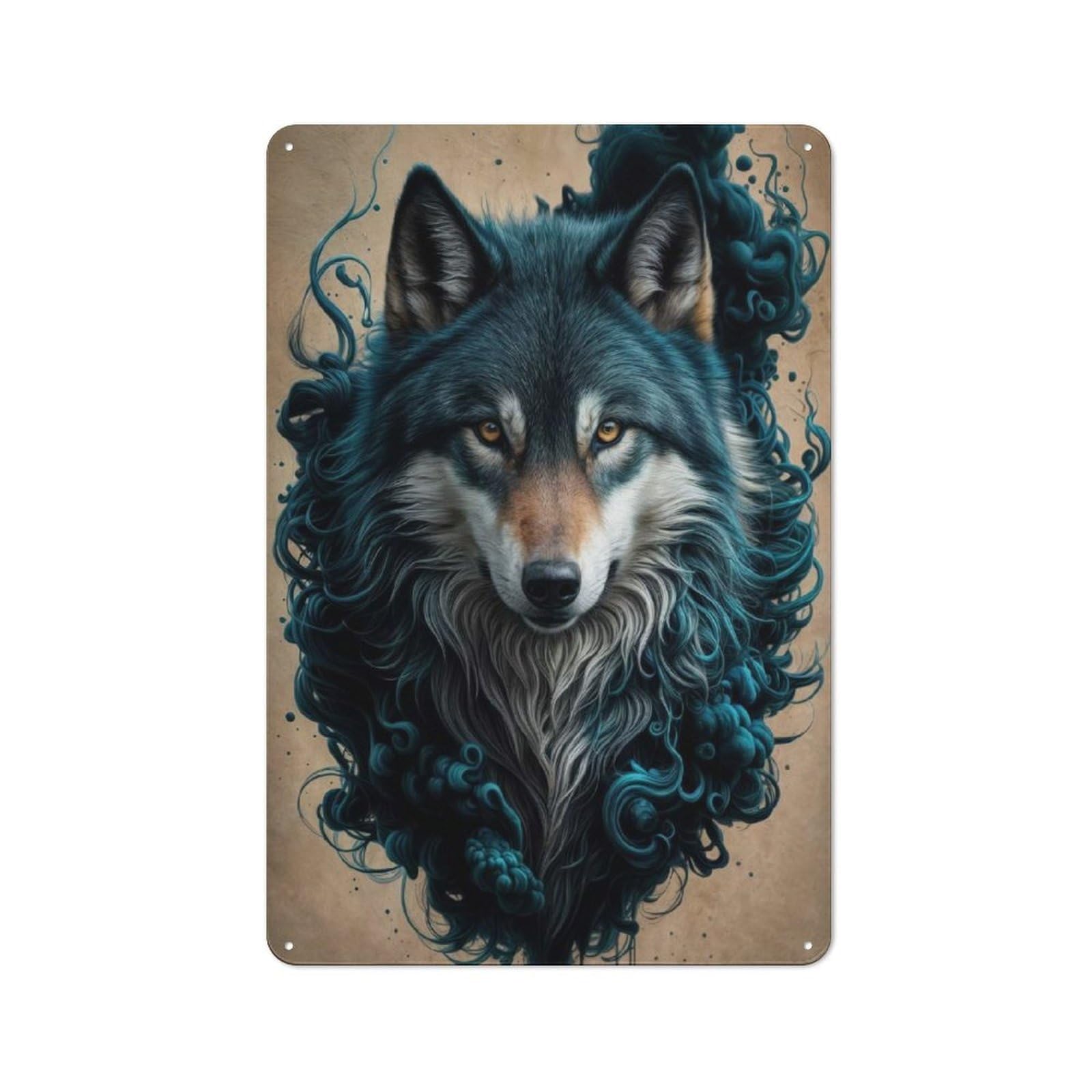 Workshop Style Wolf in Blue Smoke Tin Sign 30x20cm, Workshop Wall Decor for Tool Room, Garage, Studio Or Home Bar