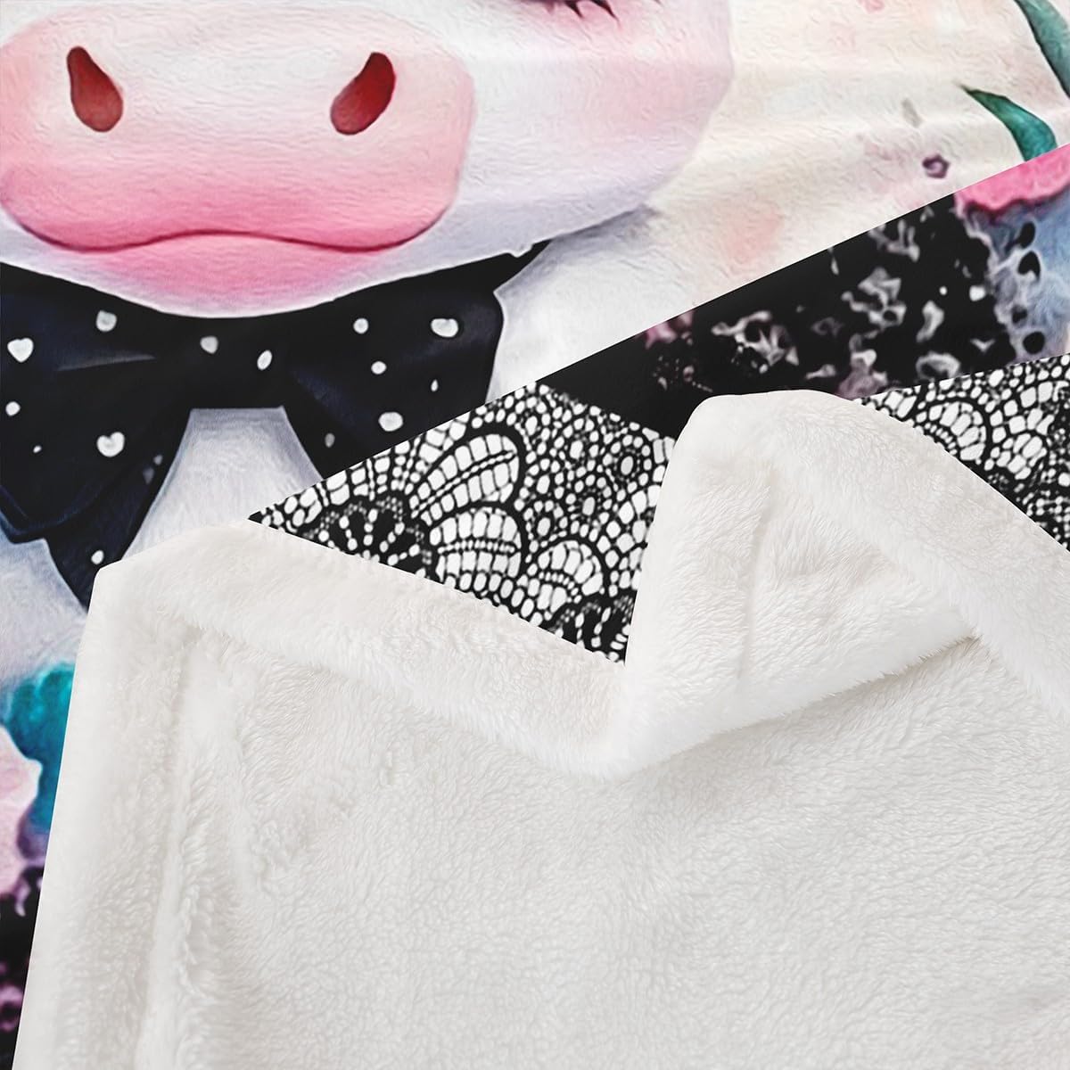 Feelyou Kids Cute Highland Cow Fleece Throw Blanket Twin 60"x80" Flowers Floral Cartoon Bowknot Black Lace Pattern Sherpa Blanket Plush Fuzzy for Bed Sofa Couch Chair Living Room