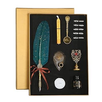 SCHMIDT Quill Pen Calligraphy Feather Pen with Wax Seal Stamp,Ink,and Wax Seal Sticks, Replacement Nibs,Spoon, White Wax, Best Gift for Birthday (Assorted Colour)
