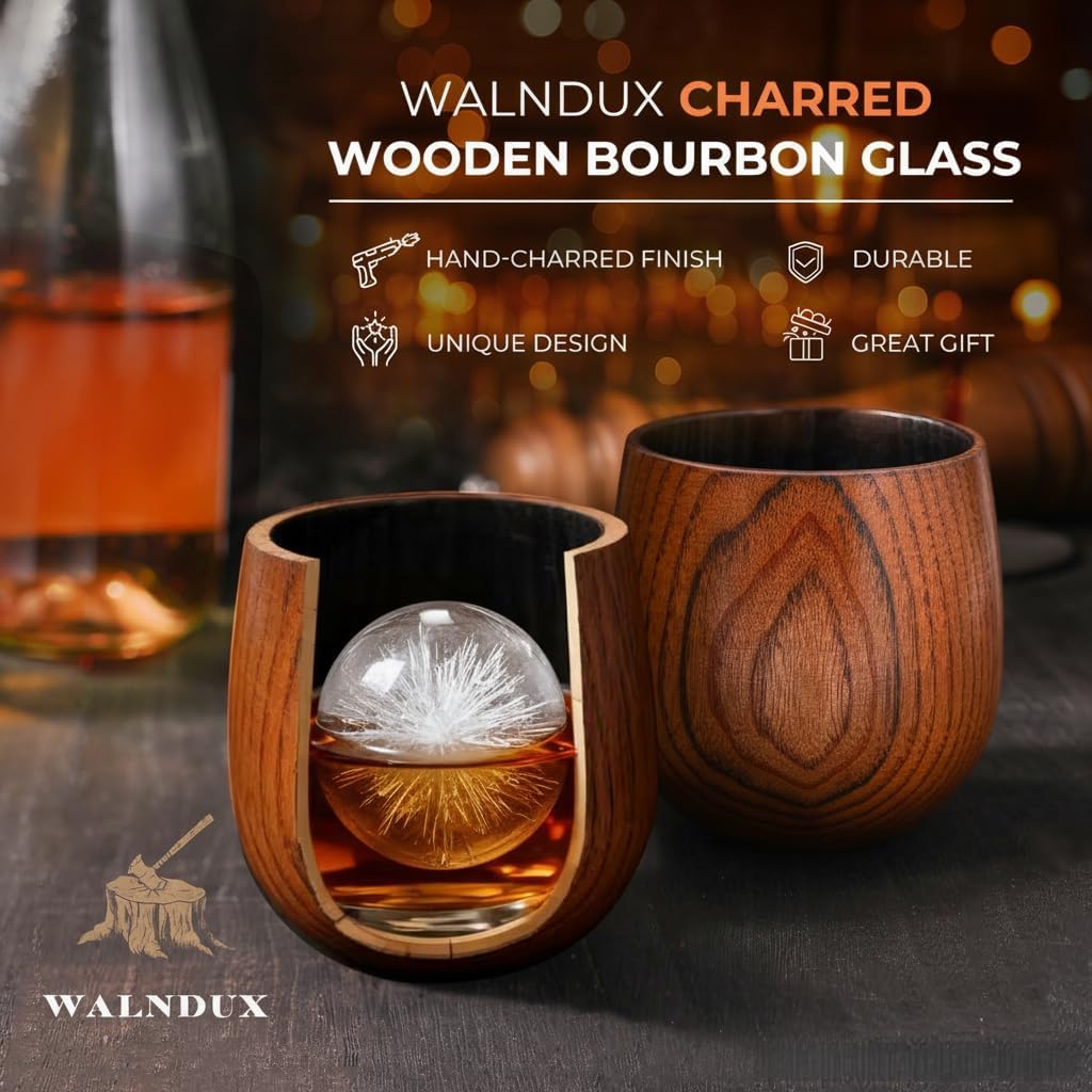 Charred Wooden Whiskey Glasses Set - 2 Pack with Ice Ball Molds - Premium Bourbon Gifts for Men Dad Brother - Old Fashioned Glasses - Image 2