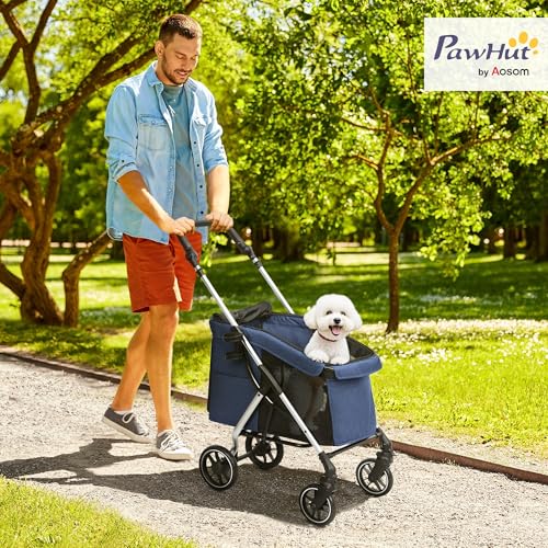 PawHut Hundewagen leicht Hundebuggy aus Aluminium klappbar für Hunde & Katzen Katzenbuggy mit Kissen Netzfenstern Türen Aufbewahrungskorb Katzenwagen Mini-Hundewagen für kleine Hunde Dunkelblau