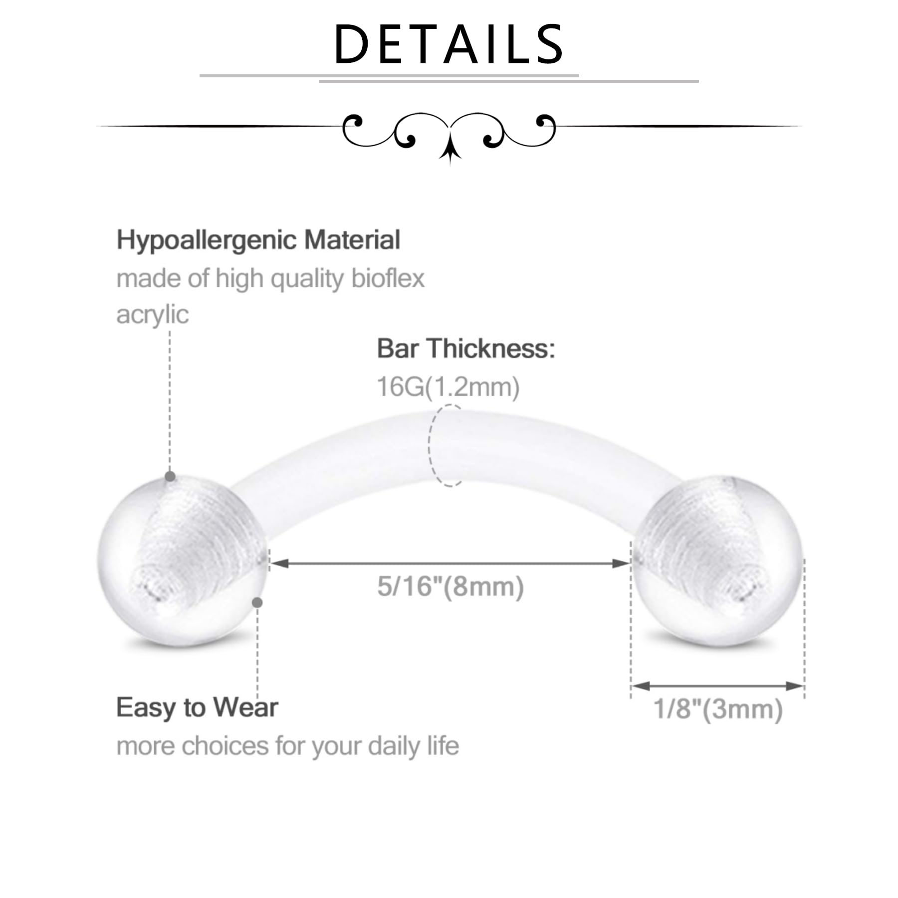 FECTAS 16G 14G Clear Flexible Plastic Daith Rook Earrings Eyebrow Rings Curved Barbells Belly Piercing Retainers 15PCS: style1-16G-8mm