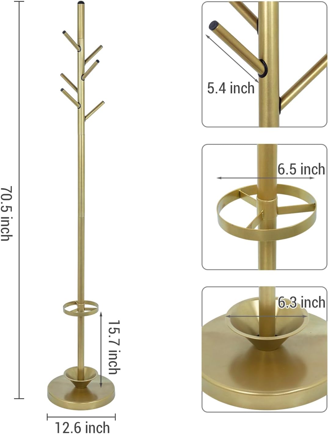 MyGift Freestanding Coat Rack, Modern Brass Tone Metal Hat Organizer Tree and Umbrella Holder Stand with 6 Hanger Hooks for Hanging Clothes Purse Bag Jacket