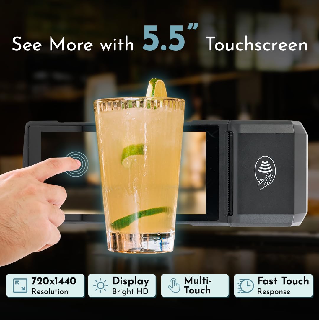 POS Android 14 Impresora de recibos Android 14 y 58 mm, impresora térmica de alta velocidad, pantalla táctil de 5.5 pies. Punto de venta portátil con escaneo de código de barras 1D/2D/QR y NFC