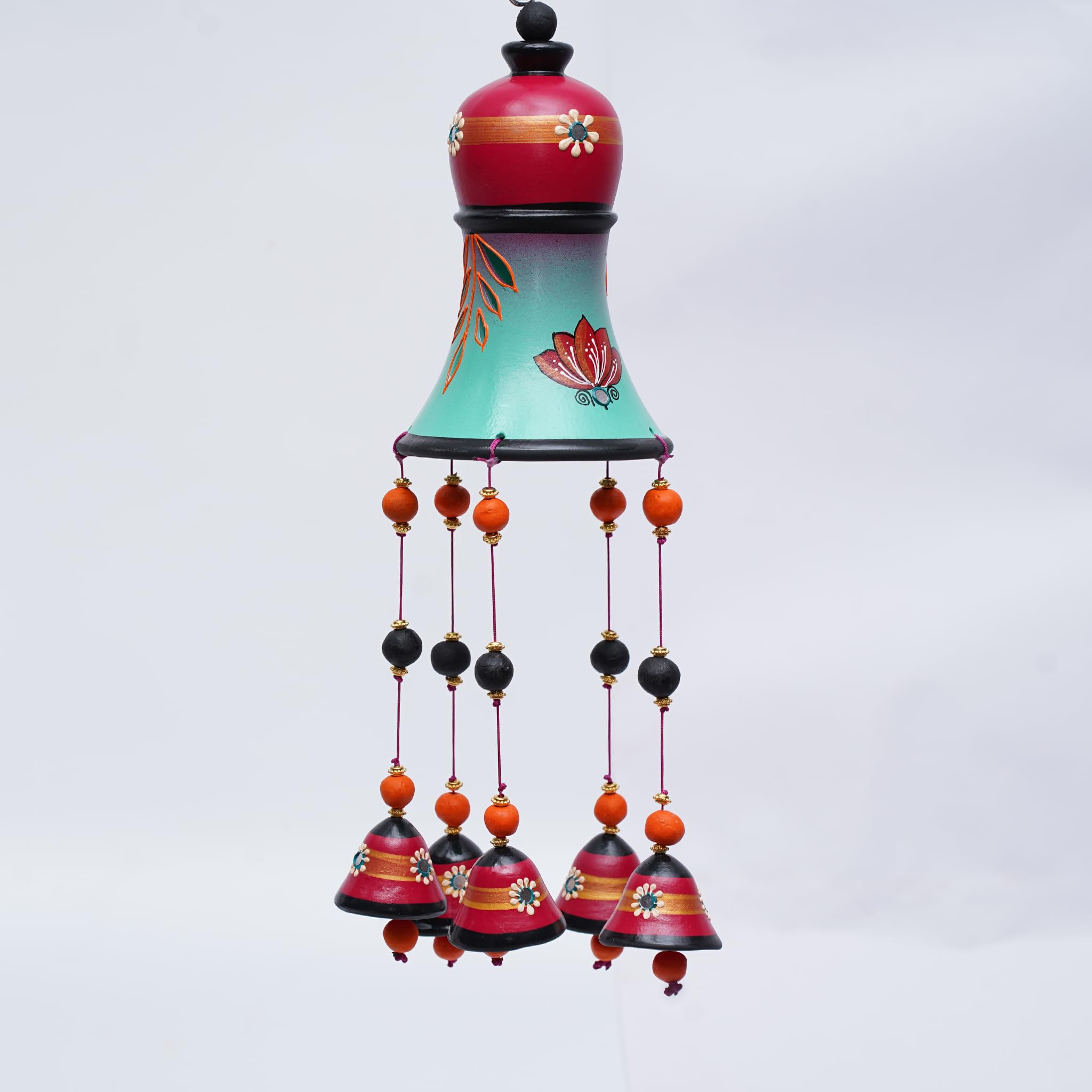 Handcrafted Ceramic Wind Chime with Floral Design, Multiple Bells, Blue and White, Medium Size, Decorative Hanging-image-14
