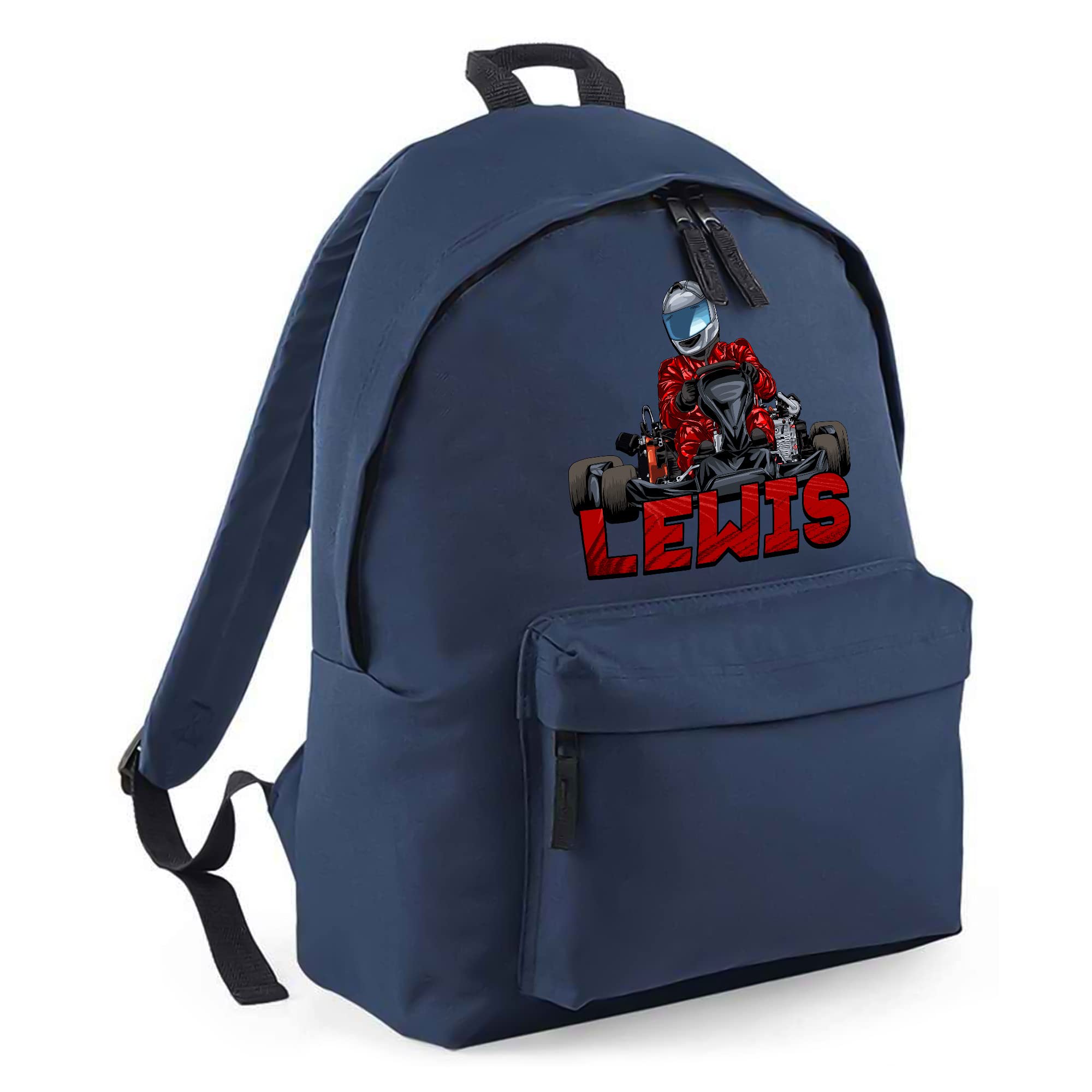 Personalised Go Karting Back Pack, Boys Back to School Gifts, Custom Bags for Kids Who Loves Fast Cars, Primary and Nuresery Child Bookpack, Boys and Girls, One Size, Navy