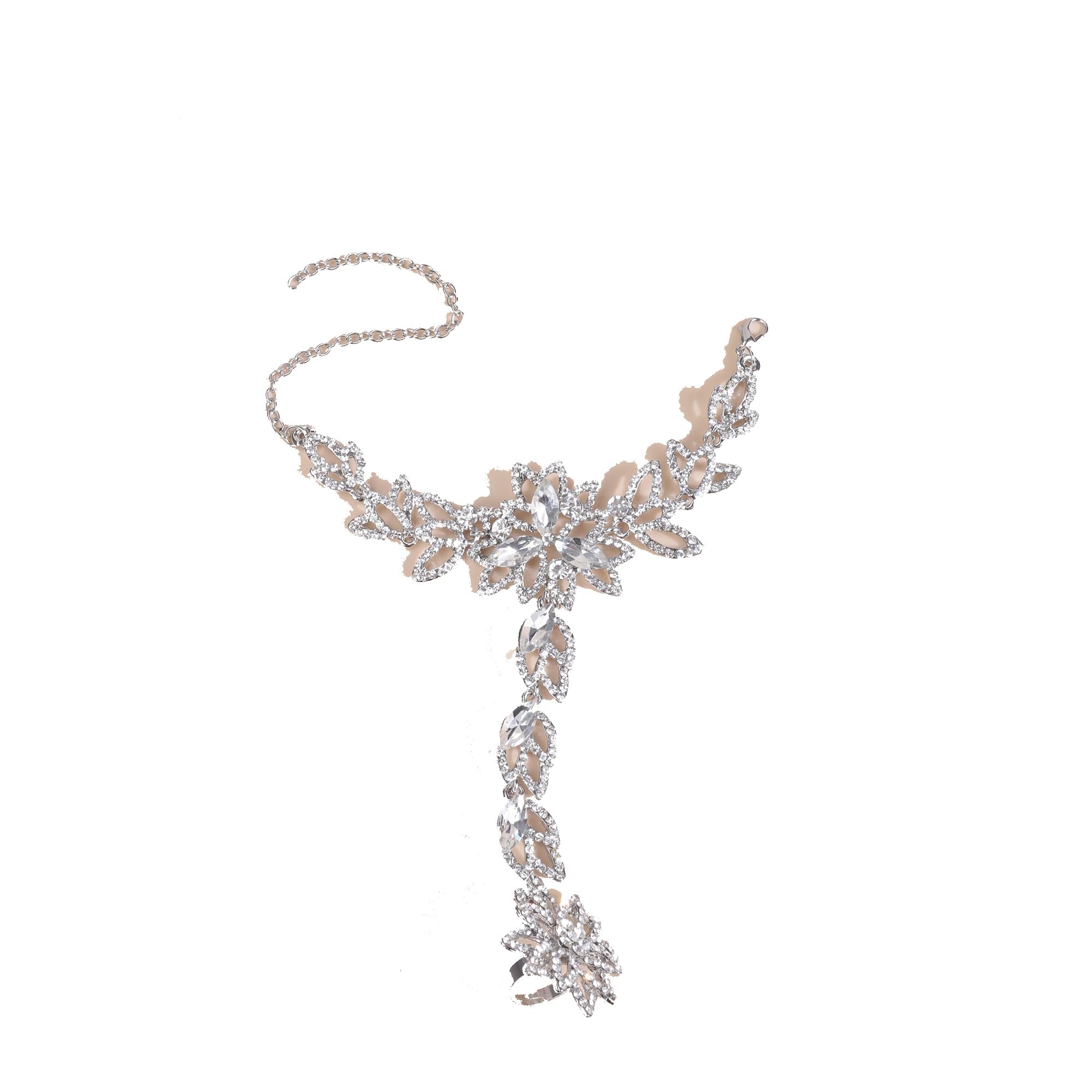 YERTTER Dainty Spark Shining Rhinestone Crystal Hand Chain Bracelet with Finger Ring Flower Slave Link Bracelet Wedding Bridals Hand Jewelry