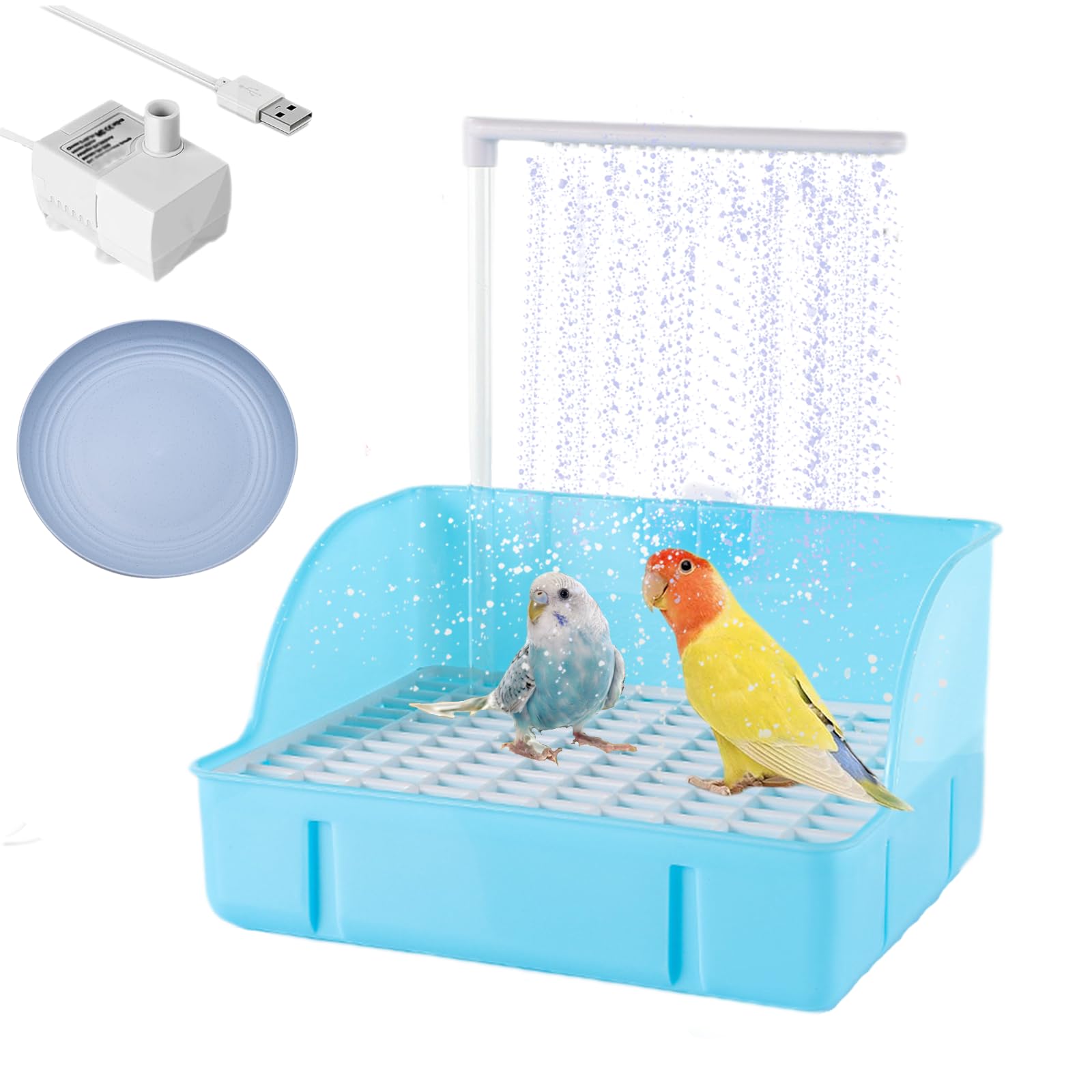 Oncpcare Automatic Fountain Bird Shower Bath with USB Pump, Parakeet Bath Bowl Waterfall Circulating Bird Large Bathtub - Electric Parrot Water Bathtub - for Birdcage, Indoor, Outside, Garden (Blue)