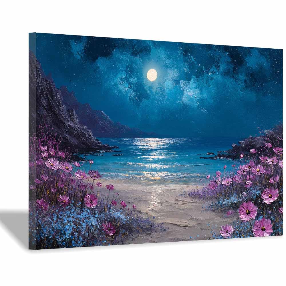 HOQIU Wall art for home decor Moonlit Flower Beaches es Art canvas artwork for wall, art prints, For living room, bedroom, bathroom, dining room, painting and decor.(Multicolor)-60x80cm Framed