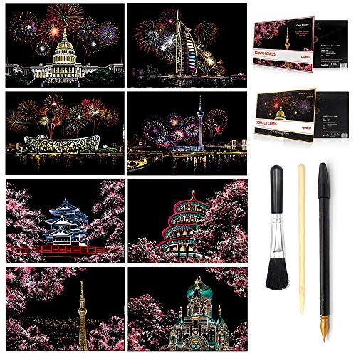 Scratch Painting, Scratch Art Rainbow Paper A4 for Adults and Kids,DIY Art Craft Night View Scratchboard with 4 Tools, 8 Pcs 11.6 X 8.3 Inches (Fireworks&Cherry Blossom)