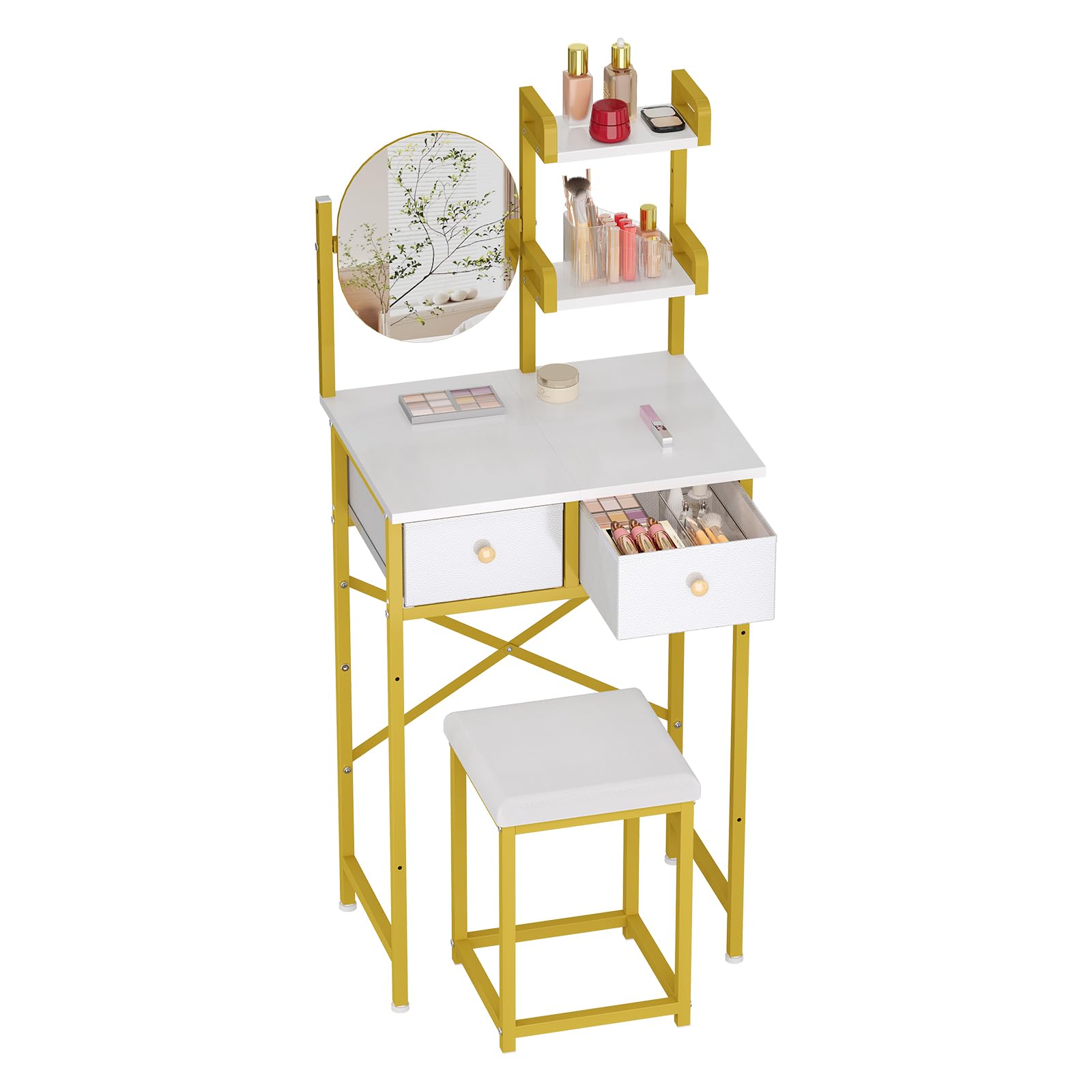 HIGDBFE Small Makeup Vanity Desk 27.5''W with Mirror and Lights, White | 3 Drawers, USB Lighted Mirror, Height-Adjustabl — beauty deal on Shopping With Noya