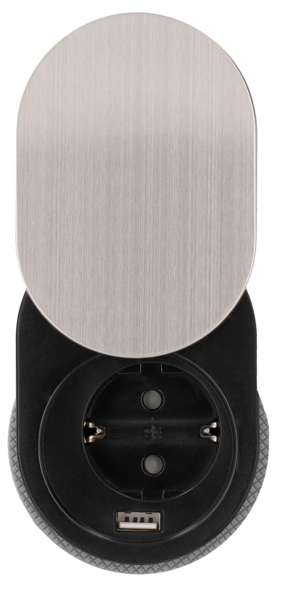 UNITEC Presa da incasso per piano da tavolo, presa da tavolo, 1 presa Schuko + 1 USB, dimensioni compatte, facile installazione, protezione tramite coperchio scorrevole in acciaio inox