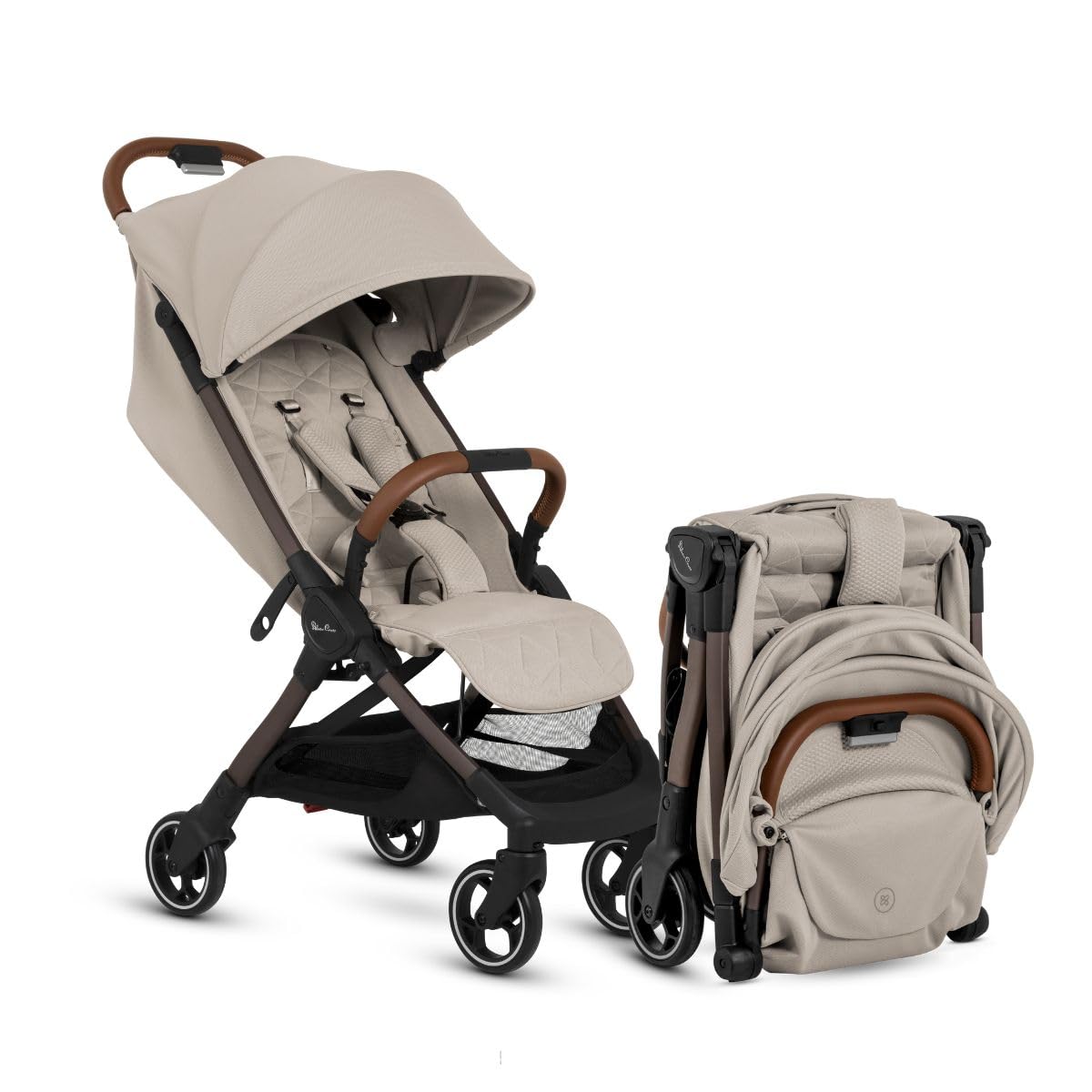 Cochecito compacto Silver Cross Clic, cochecito de viaje ligero para recién nacidos y niños pequeños de 0 a 25 kg, plegable con una mano, asiento reclinable, homologado para cabina de avión, capota UPF50, color Latte
