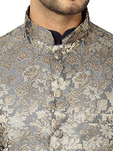 Image of Mens Navy Blue Kurta Pyjama Set with Designer Ethnic Nehru Jacket