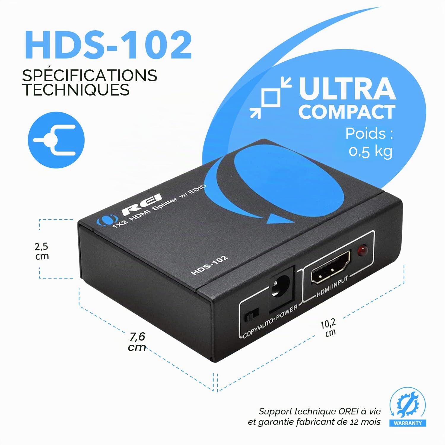 OREI Répartiteur HDMI 4K 1 entrée 2 Sorties – Ultra HD 4K @ 30 Hz 1 x 2 V 1.4 HDCP, Alimentation HDMI Prend en Charge 3D Full HD 1080p pour Xbox, PS4 PS3 Fire Stick Blu Ray Apple TV HDTV – Adaptateur