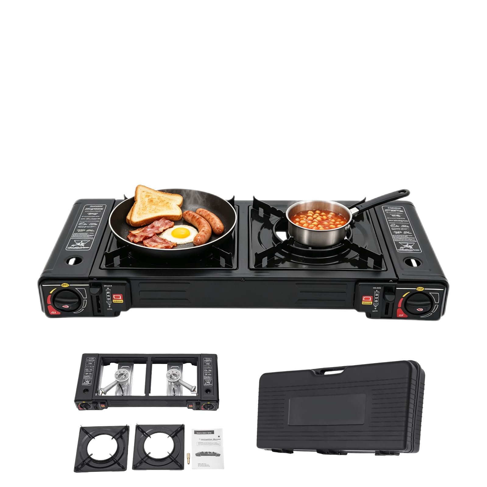 Réchaud à gaz de camping à 2 brûleurs, portable, double réchaud à gaz avec allumage piézoélectrique, 2,5 kW, adaptateur GPL, sac de transport, pour extérieur, intérieur, pique-nique