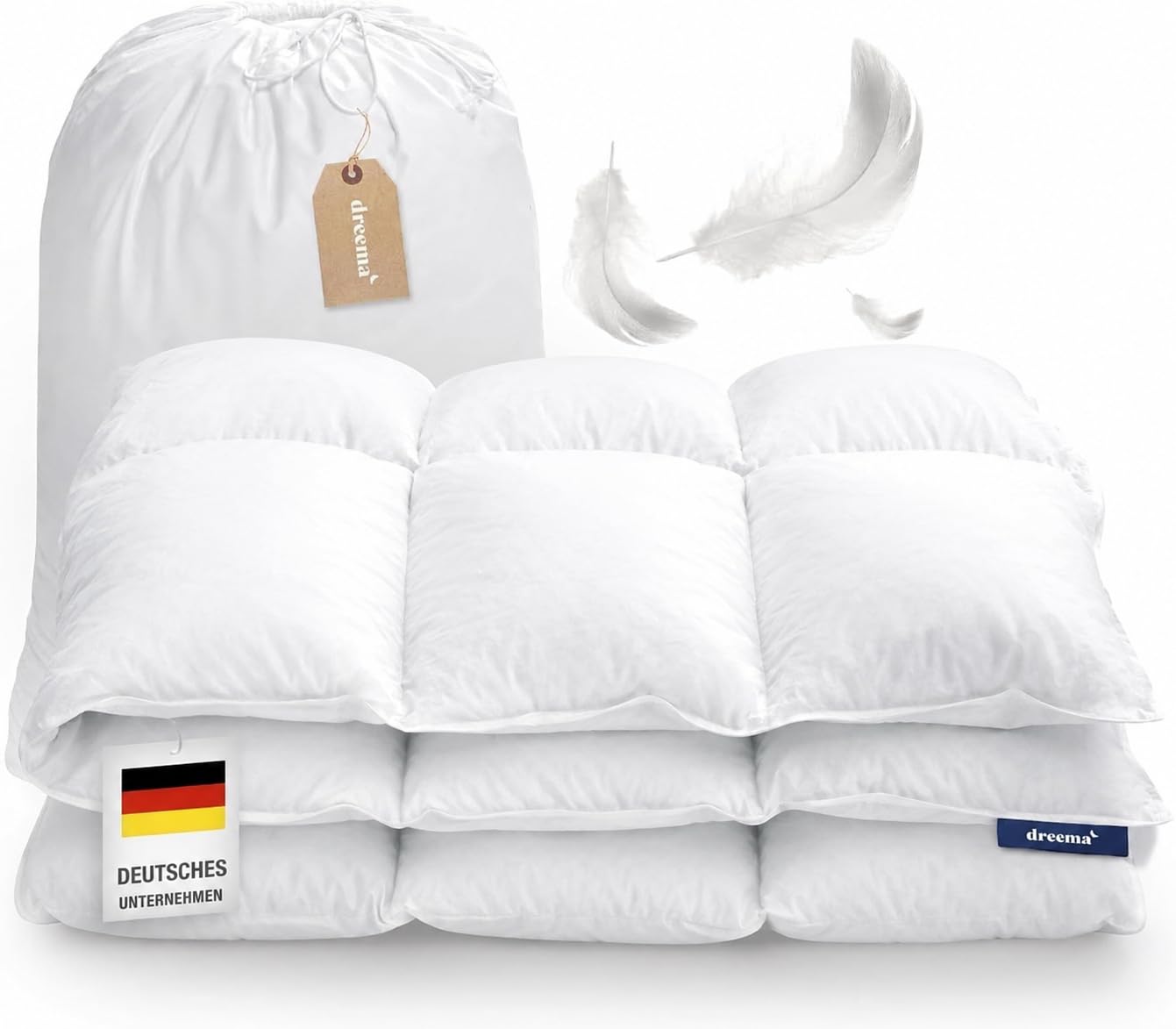 DREEMA Original Komfort Daunendecke | Extraweiche Daunenfüllung I 100% nachhaltig mit Oeko-TEX Made in Green & Nomite Zertifizierung | Allergikergeeignet | Hochwertiger Soft-Touch Baumwollbezug