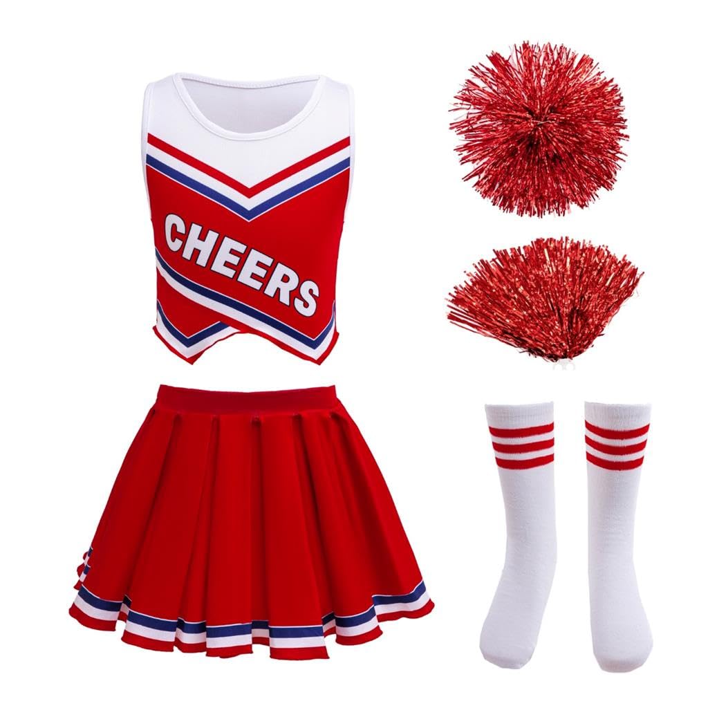 Lito Angels Cheerleader Cheerleading Costume Fancy Dress Up Outfit Clothing Set with Pom Poms and Socks for Kids Girls Age 5-6 Years, Red Two Piece Set — image 1